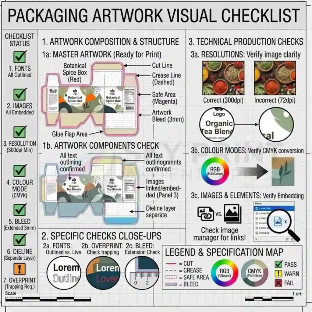 Packaging artwork preflight checklist for fonts images resolution colour mode bleed and dieline